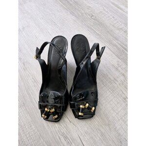 Tory Burch Wedge Pumps Black Patent Leather Strappy Gold-tone Hardware Sz 8.5M